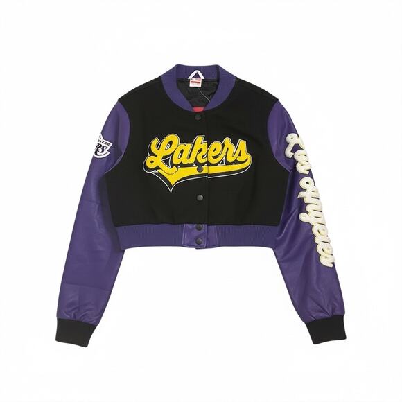 Fashion Nova NBA Lakers Legacy Bomber Cropped Jacket Size Large New - Picture 2 of 11
